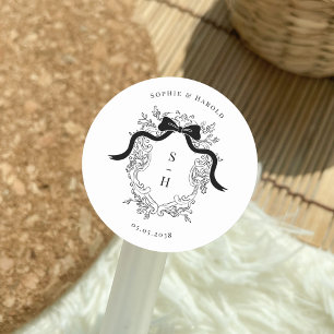 Sticker Rond Coquette Bow Crest Monogramme Mariage français