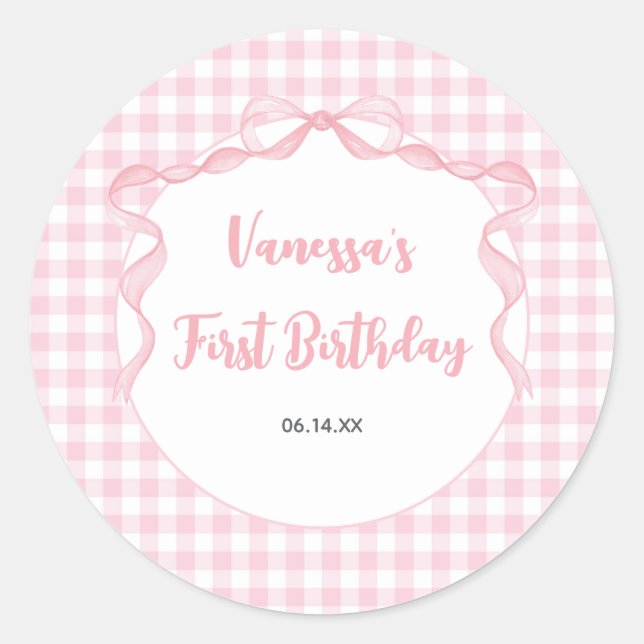 Sticker Rond Coquette Bow rose pâle 1er anniversaire (Devant)
