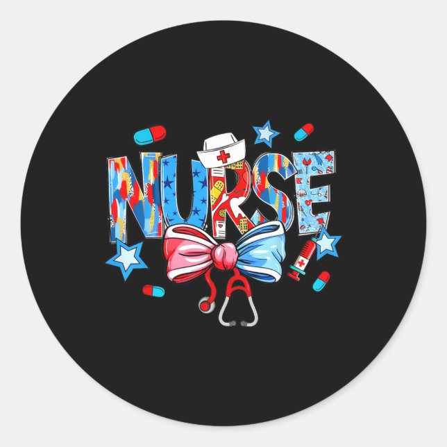 Sticker Rond Coquette Bow Stethoscope Infirmière 4 juillet Infi (Devant)