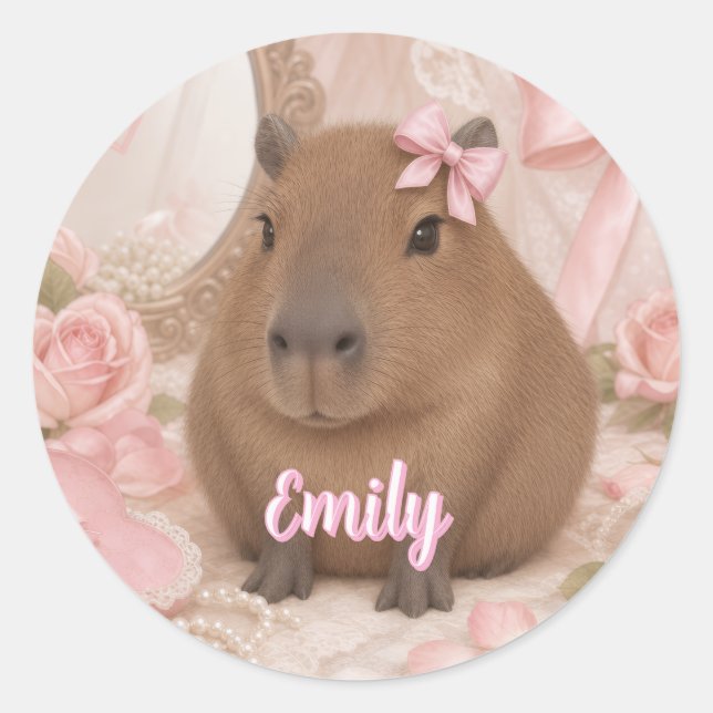 Sticker Rond coquette capybara noeud rose (Devant)