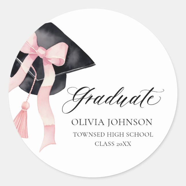 Sticker Rond Coquette de chou rose moderne Diplômé (Devant)