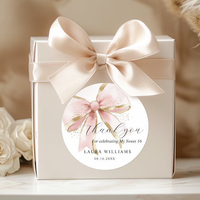 Sticker Rond Coquette Élégante Rose Ruban Or Rose Merci Douze A (Coquette pink and gold sweet sixteen thank you celebration party gift sticker)