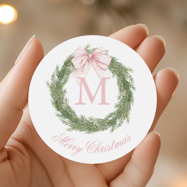 Sticker Rond Coquette Pink Bow Monogram Wreath Noël (Créateur téléchargé)