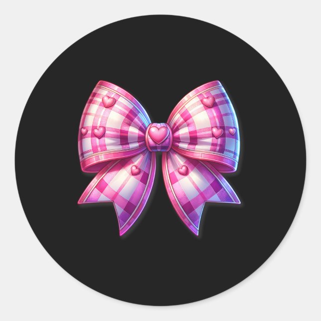 Sticker Rond Coquette Pink Et White Bow Plaid Valentine Bow Wi (Devant)
