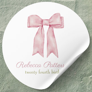Sticker Rond Coquette Rose Aquarelle Bow Fête Anniversaire