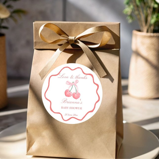 Sticker Rond Coquette rose cerise baby shower faveur (Cherry pink coquette baby shower favor stickers personalized thank you favor stickers)