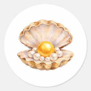 Sticker Rond Coquillage à l'aquarelle avec perles dorées et bla