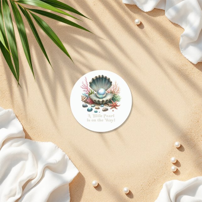 Sticker Rond Coquillage & Océan Thème Petit Baby shower Pearl (Seashell & Ocean Theme Little Pearl Baby Shower Classic Round Sticker)