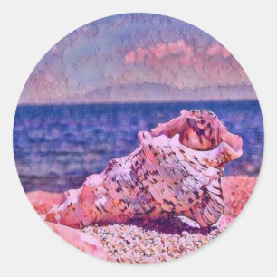 Sticker Rond Coquillage rose près d'une peinture à l'aquarelle 