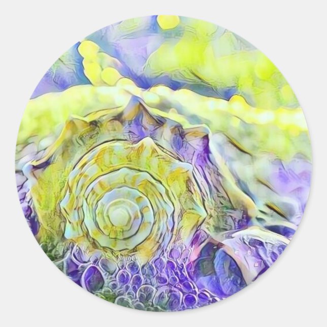 Sticker Rond Coquille de mer jaune violet dans l'aquarelle de m (Devant)