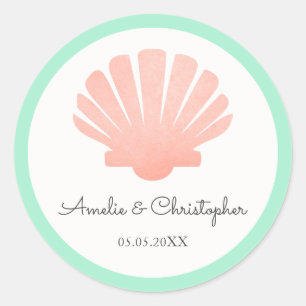 Sticker Rond Coquille Saint-Jacques Corail & Menthe Mariage P
