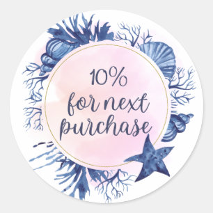 Sticker Rond Coquilles Bleues Côtières Aquarelle 10% de Réducti