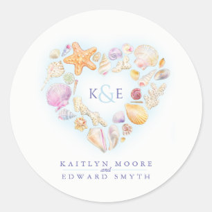 Sticker Rond Coquilles de mer aquarelle coeur plage bleu
