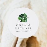 Sticker Rond CORA Tropical Beach Palm Leaf Destination Mariage<br><div class="desc">La collection CORA présente des feuilles de palmiers d'aquarelle tropicale et une police de caractères élégante. Cette collection est parfaite pour un mariage de destination ou tout autre événement à thème tropical.</div>