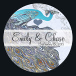 Sticker Rond Corail gris Aqua Peacock Plumes Mariage<br><div class="desc">voir plus vintage paon oiseau Peacock Wedding Invitations Vintage Art nouveau Peacock Bird Parade Mariage -voir plus Vintage Bird Products Vintage Paisley Peacock Colors ou Fuchsia and Lime Paisley Faire-part de mariage -Paisley Peacock Colours Wedding Invitations, RSVP, Save the Date and Direction or Reception Cards. Cartes RSVP et Place RSVP...</div>