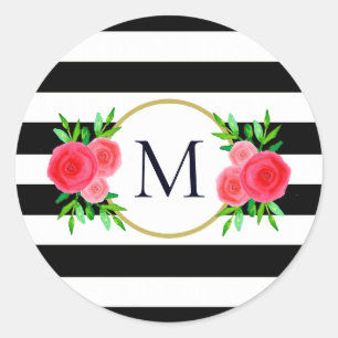 Sticker Rond Corail rayé blanc mou Corail rouge Floral Monogram