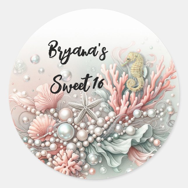 Sticker Rond Corail Rose & Perles Sous la Mer Douce 16 ans (Devant)