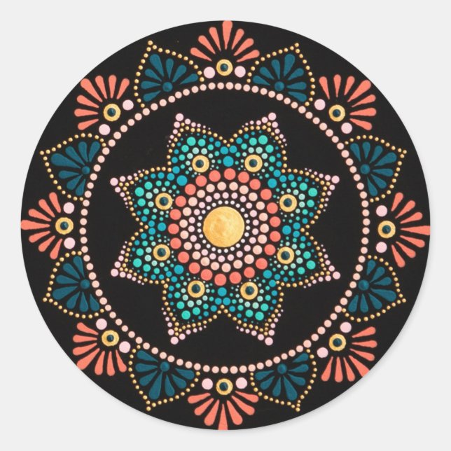 Sticker Rond Coral bleu Mandala, Géométrie Sacrée Boho Ethnique (Devant)