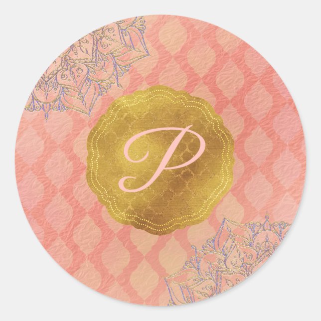 Sticker Rond Coral Gold Marocain Glam Monogramme Mariage Faveur (Devant)