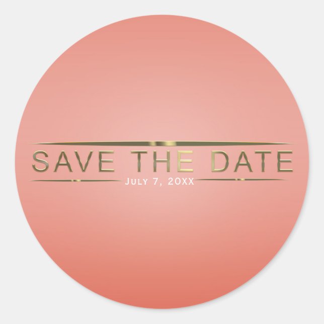 Sticker Rond Coral Peach & Shiny Gold Modern Enregistrer la dat (Devant)