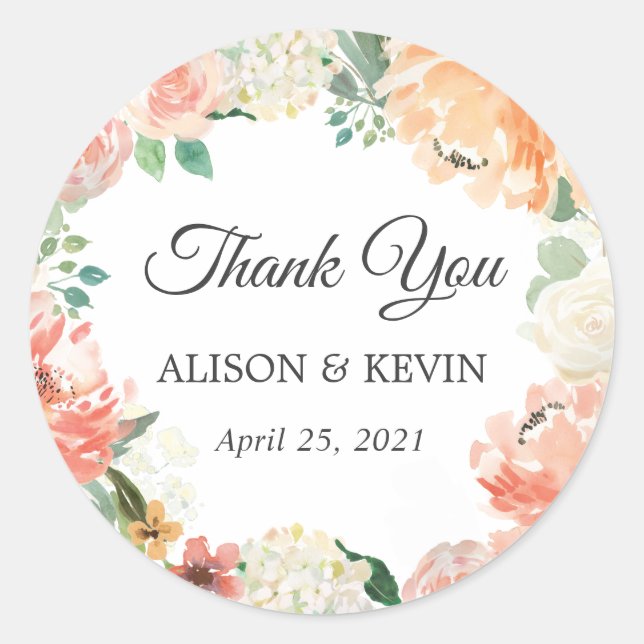 Sticker Rond Coral Pêche Florale Wreath Wedding Favor Merci (Devant)