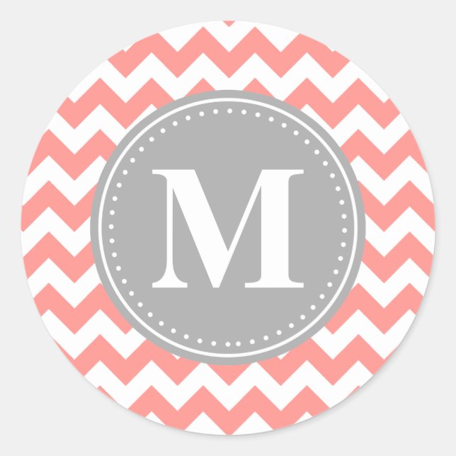 Sticker Rond Coral rose Chevron Zigzag Gris Monogramme (Devant)