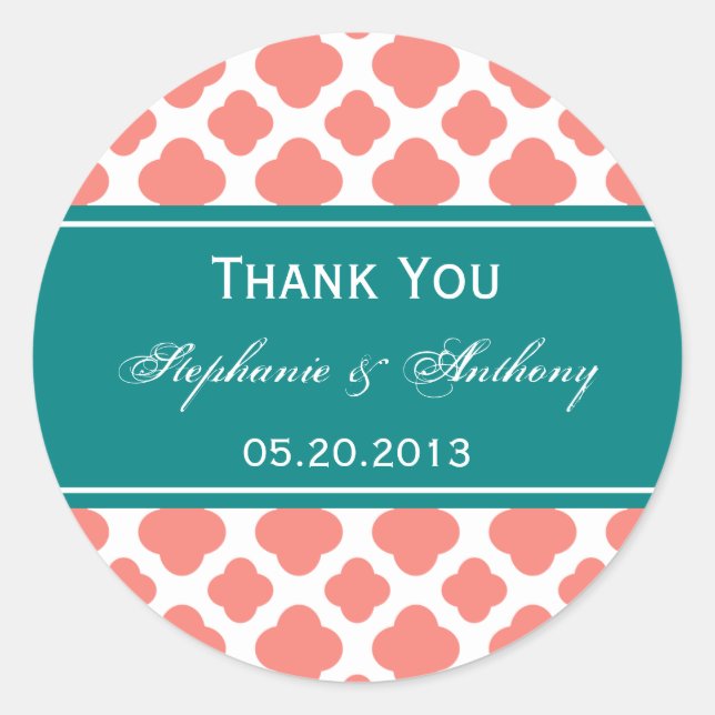 Sticker Rond Coral rose Quatrefoil Motif avec Mariage Turquoise (Devant)