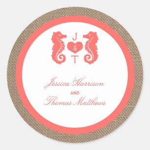 Sticker Rond Coral Seahorse Burlap Beach Wedding Collection