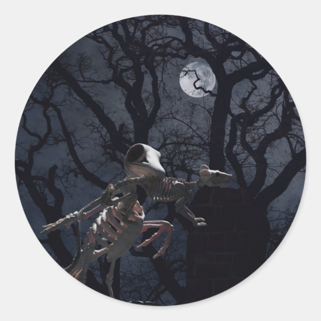 Sticker Rond Corbeau et squelette de rat au clair de lune (Devant)