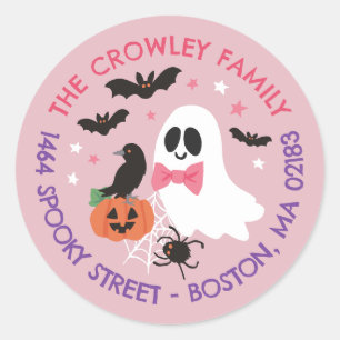 Sticker Rond Corbeau fantôme rose Halloween Adresse de retour d