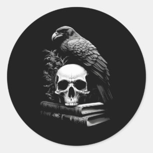 Sticker Rond Corbeau Oiseau Crâne Et Livres Witchy Occult Acade