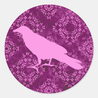 Sticker Rond Corbeau rose sur rose et violet géométrique damas