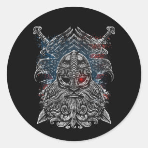 Sticker Rond Corbeaux et épées d'Odin Mythologie Viking drapeau