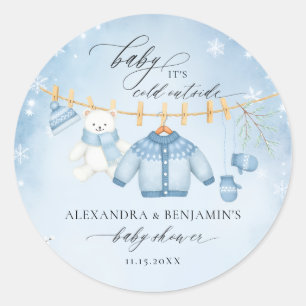 Sticker Rond Corde à linge d'hiver Bleu froid Bienvenue Baby Sh