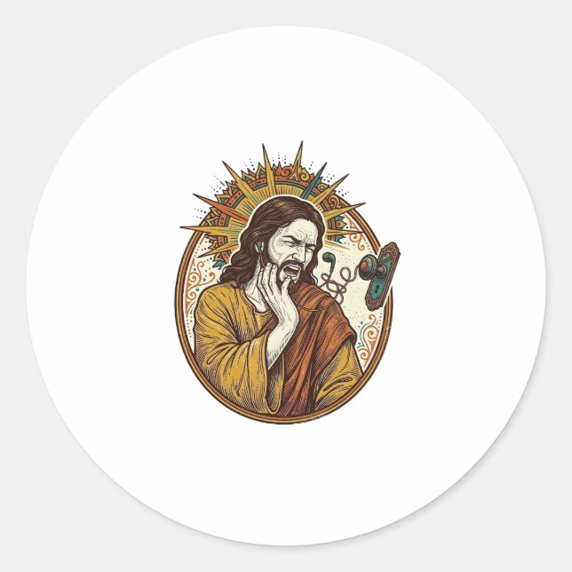 Sticker Rond Cordon d'écouteur de Jésus coincé par la poignée d (Devant)