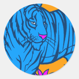 Sticker Rond COREY TIGER 1980's RÉTRO JUNGLE TIGRE BLEU