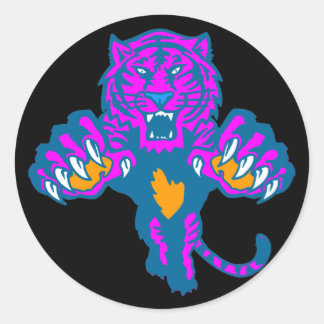 Sticker Rond Corey Tiger 80s Vintage Tigre Féroce qui Bondit