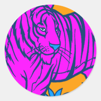 Sticker Rond COREY TIGER Années 1980 RÉTRO TIGRE ROSE JUNGLE