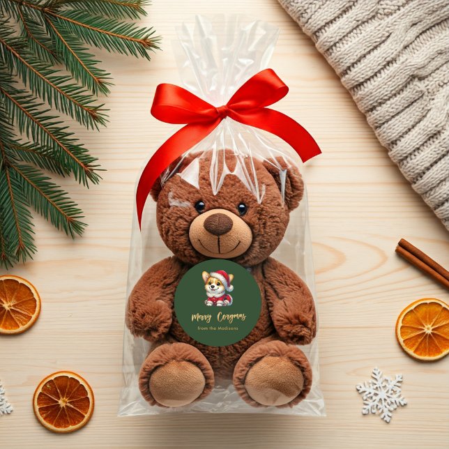 Sticker Rond Corgi adorable personnalisé - Joyeux Corgmas (Personalized Adorable Corgi – Merry Corgmas Classic Round Sticker. green Packaging Idea)