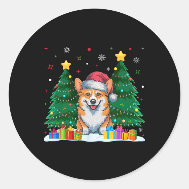 Sticker Rond Corgi Amoureux de les chiens Santa Hat Ugly Sweate (Devant)