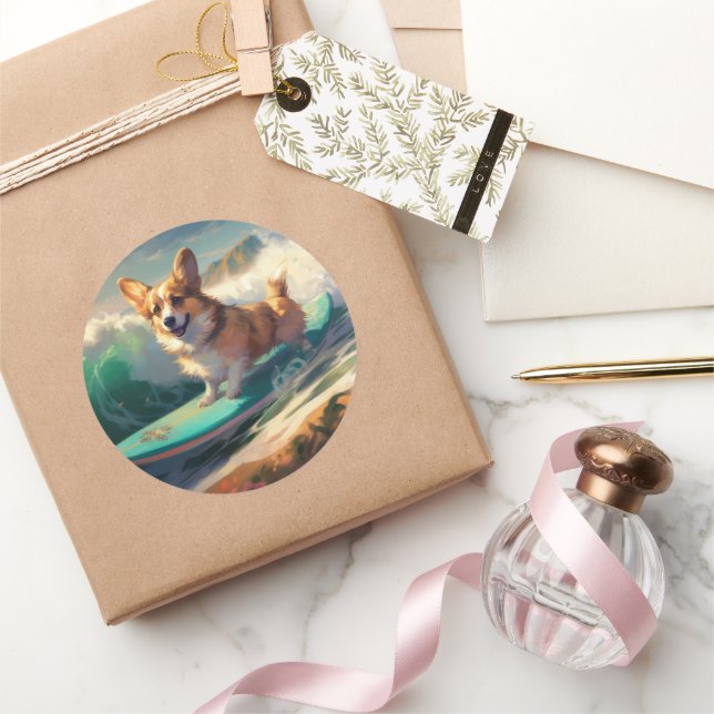 Sticker Rond Corgi Beach Surf Peinture (Cadeaux)