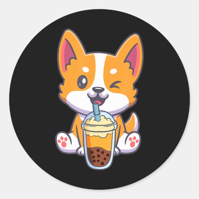 Sticker Rond Corgi Boire Boba Bubble Thé Boire Chien Anime Kaw (Devant)