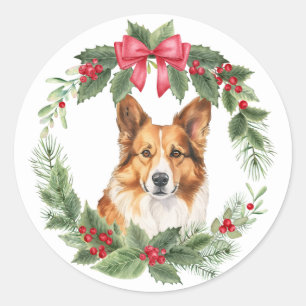 Sticker Rond Corgi Chien Red Bow Holly Wreath
