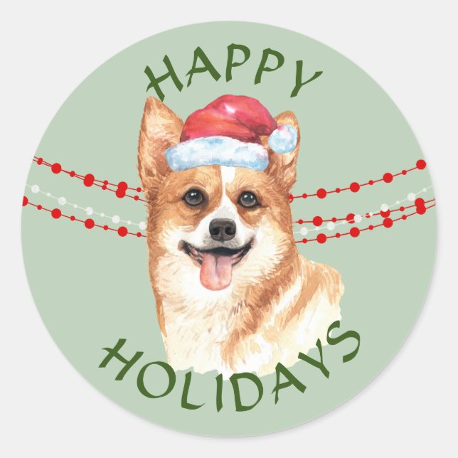 Sticker Rond Corgi Chien Santa Hat Joyeuses Fêtes (Devant)