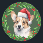 Sticker Rond Corgi Christmas Chien Chien Chien Chien Chien Mail<br><div class="desc">Autocollant de Noël de vacances avec une aquarelle Pembroke Welsh Corgi et aquarelle conception de couronne de Noël sur le devant. Parfait avec la carte de Noël Corgi et les étiquettes d'adresse de retour postale!</div>