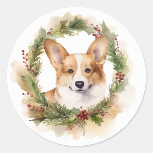 Sticker Rond Corgi Christmas Wreath Festive Pup (Devant)