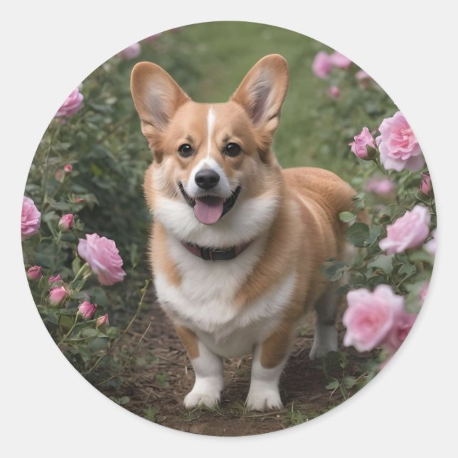 Sticker Rond Corgi Dans Les Roses Rose, (Devant)