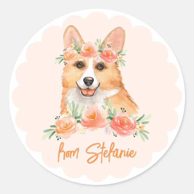 Sticker Rond Corgi d'aquarelle mignonne et fleurs de pêche Anni (Devant)