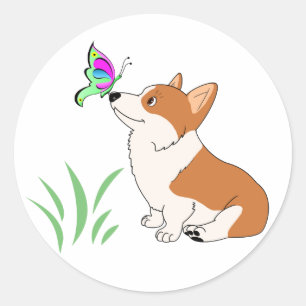 Sticker Rond Corgi de Gallois de Pembroke avec le papillon