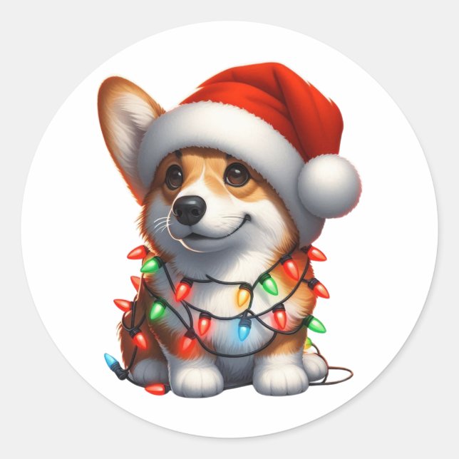 Sticker Rond Corgi de Noël mignon (Devant)